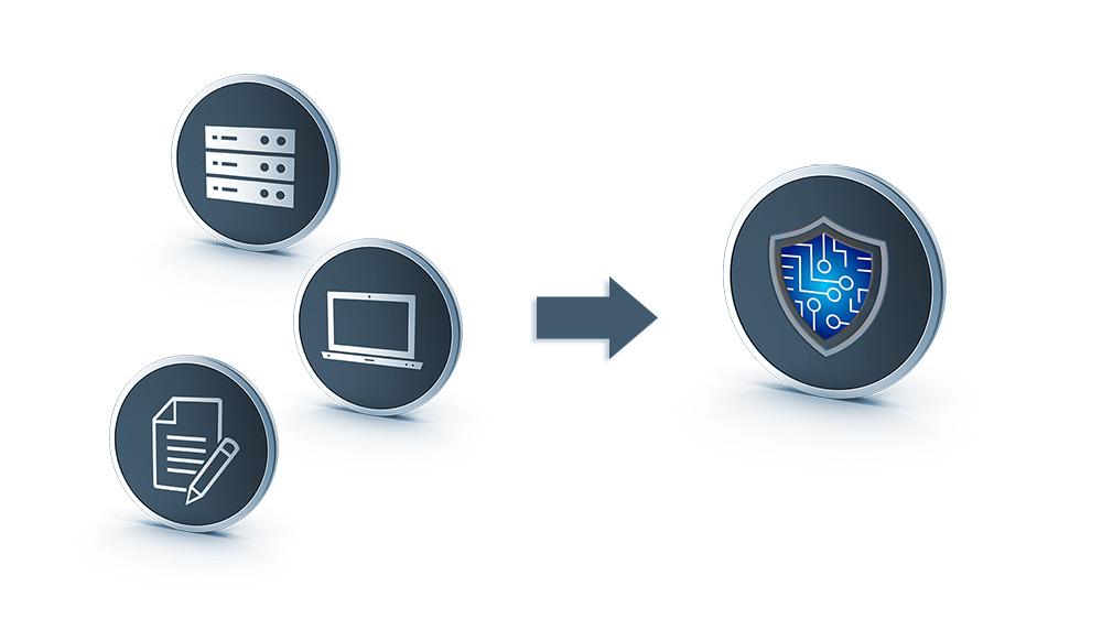 Icons of a PC, computer server and data with an arrow pointing to the OptimEyes shield logo