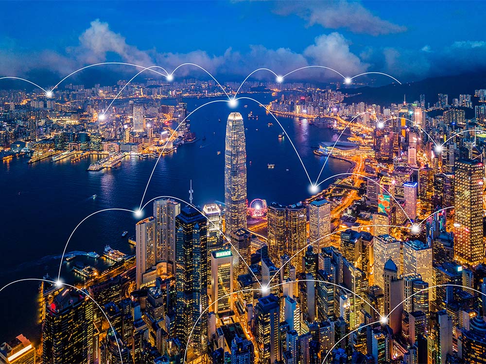 Hong Kong downtown China financial district skyline with connected buildings through network