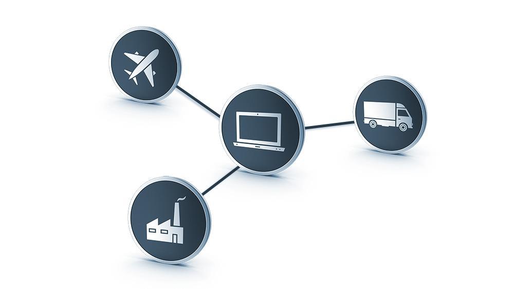 Central icon with PC interconnected to icons with a plane, truck and factory representing third party risk management